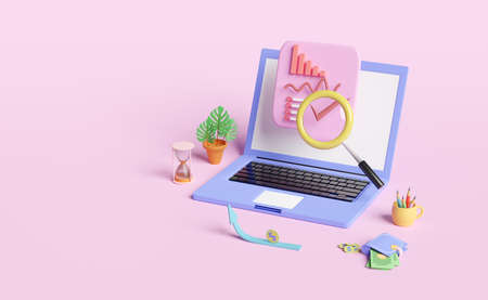 computer with charts and graph, analysis business financial data,dollar coins, Online marketing isolated on pink pastel background ,3d illustration or 3d renderの写真素材