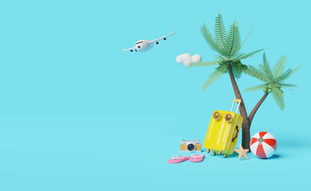 summer travel with yellow suitcase,sandals,ball,coconut tree,camera isolated on blue background...