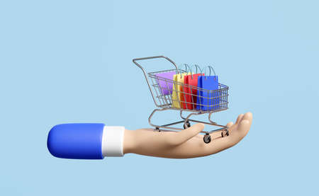 cartoon hands holding shopping cart with colorful paper bags isolated on blue background ,3d illustration or 3d renderの写真素材