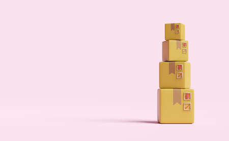stacked goods cardboard box with space isolated on pink background.concept 3d illustration or 3d...