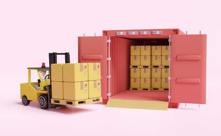 Stick man with shipping container for import export,forklift,goods cardboard box, pallet isolated on...