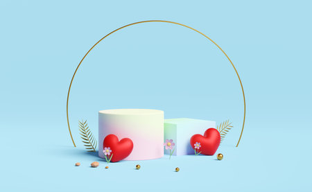 white cylinder stage podium empty with heart,flower,ball isolated on blue pastel composition. Summer...