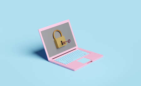 laptop computer with golden lock and copper key isolated on blue background.Internet security or...