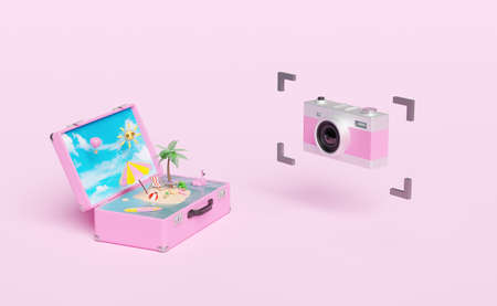 summer travel with pink silver camera,suitcase, beach chair,island,camera,umbrella,Inflatable flamingo,coconut tree isolated on blue sky background, concept 3d illustration or 3d renderの写真素材