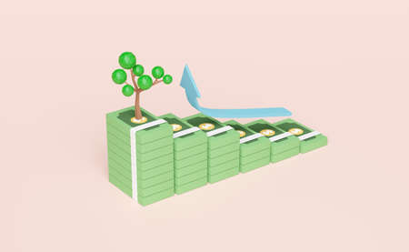 pile banknote with tree,arrow isolated on pink pastel background.financial success and growth or saving money concept. ,3d illustration or 3d renderの写真素材