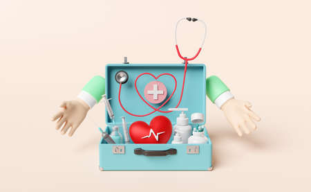 cartoon doctor two hands with first aid kit,stethoscope,syringe,red heart and blood pressure heart rate isolated on pink background ,health love or world heart day concept,3d illustration or 3d renderの写真素材