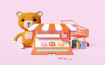 orange computer with store front,electronic bill payment,cart,paper bags,magnifying,blank search...