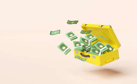 pile dollar banknote in yellow suitcase isolated on pink background,investment or business finance...