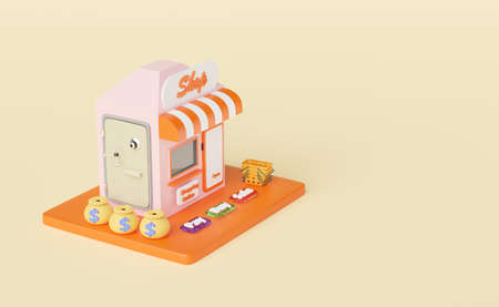 shop store front with orange mobile phone or smartphone,shopping cart,buy,sale,pay label tag,safe...