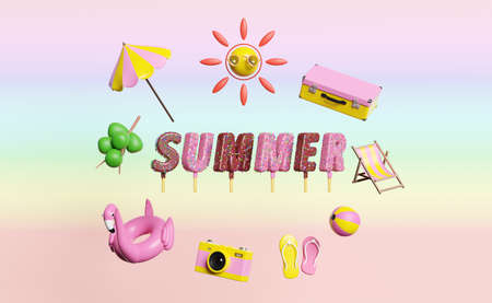 summer travel with suitcase,beach chair,umbrella,Inflatable flamingo,ice cream sticks,coconut,sun,camera,sandals isolated landscape background concept ,3d illustration or 3d renderの写真素材