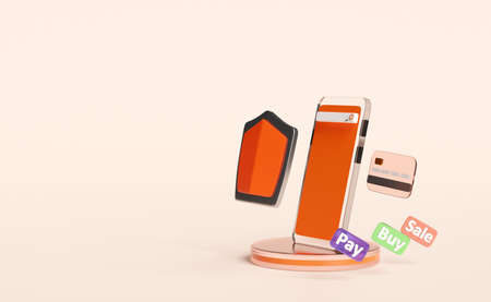 orange mobile phone or smartphone with shield,blank search bar,magnifying isolated on pink background.Internet security or privacy protection or ransomware protect concept,3d illustration or 3d renderの写真素材
