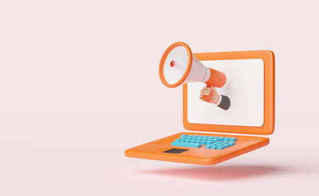 orange laptop computer with businessman hands holding megaphone,hand speaker isolated on pink background.online shopping,website promotion banners,online alerting concept,3d illustration or 3d renderの写真素材