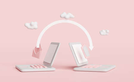 grey laptop computer with shield,envelope,cloud isolated on pink background.Internet security or...