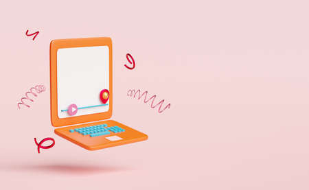 orange laptop computer with play bar,pin isolated on pink background.Online innovative...