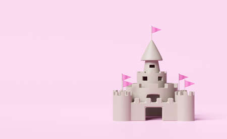 sand castle with towers,fort,gates and flags isolated on pink background.summer vacation concept ,3d illustration or 3d renderの写真素材
