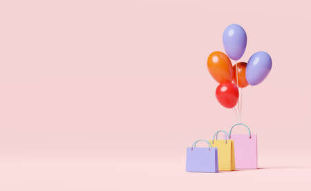 minimal shopping paper bags with balloon,space isolated on pink background ,3d illustration or 3d renderの写真素材