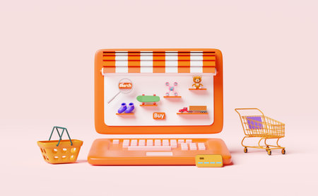 orange computer monitor with store front,magnifying,teddy bear,truck,skateboard,drone,cart,credit card isolated on pink background,online shopping or search data concept,3d illustration or 3d renderの写真素材