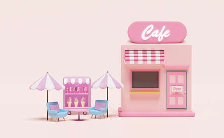 shop store cafe with ice cream showcases or fridge,coffee table, umbrella isolated on pink ...