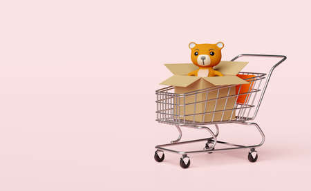 teddy bear with goods cardboard box,shopping cart isolated on pink background.online shopping concept,3d illustration or 3d renderの写真素材