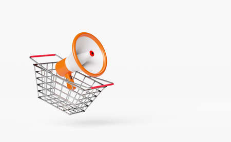 Empty stainless steel shopping carts or basket with megaphone,hand speaker isolated on white background.online shopping concept 3d illustration or 3d renderの写真素材