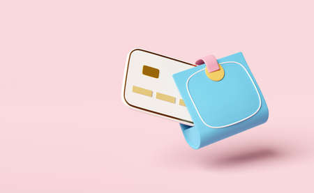 wallet with credit card, saving money concept isolated on pink background ,3d illustration or 3d...