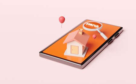 orange mobile phone or smartphone with home,magnifying,balloon isolated on pink background.online shopping,search data concept,3d illustration or 3d renderの写真素材
