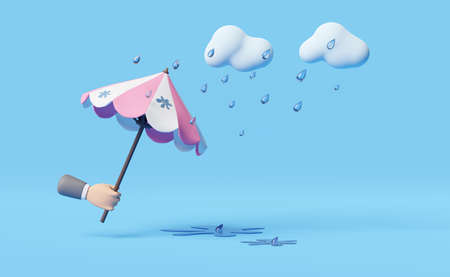 businessman hands hold umbrella with cloud,drop rain water isolated on blue background,protection and security concept ,3d illustration or 3d renderの写真素材