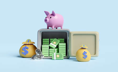 Safe box and piggy bank with money bag,diamond,dollar banknote stack isolated on blue pastel background ,business banking or saving money concept ,3d illustration or 3d renderingの写真素材