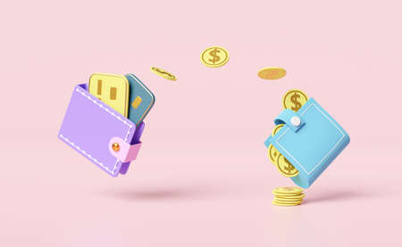 wallet and credit card with coins isolated on pink background.currency exchange,saving money concept,3d illustration or 3d renderの写真素材
