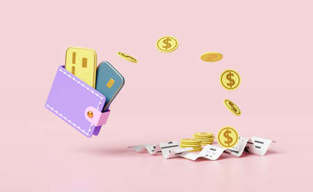 wallet with credit card,coins, invoice or paper check receipt,electronic bill payment isolated on pink background.saving money concept,3d illustration or 3d renderの写真素材