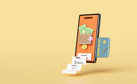 wallet and orange mobile phone,smartphone with coins,dollar banknote,credit card, invoice,paper...