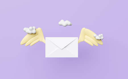 Flying envelope with wings,cloud isolated on purple background.notify newsletter,online incoming email concept,3d illustration or 3d renderの写真素材