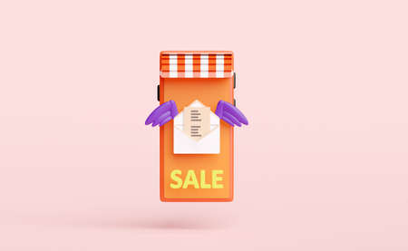 orange mobile phone,smartphone store front with flying open envelope wings,sale label tag isolated...