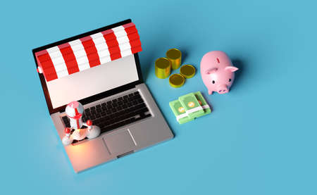 red white space ship or rocket launch in smoke with laptop computer,store front,piggy bank,coins,banknote isolated on beige background.start up template,business concept,3d illustration or 3d renderの写真素材