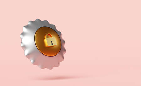 silver color round shield with golden lock isolated on pink background.Internet security or privacy protection or ransomware protect concept,3d illustration or 3d renderの写真素材