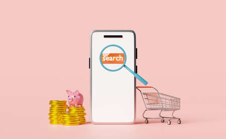 mobile phone,smartphone with search,magnifying,cart,piggy bank isolated on pink background.online...