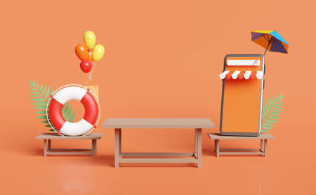 wooden table with mobile phone,smartphone store front,umbrella,balloon,palm,shopping paper...