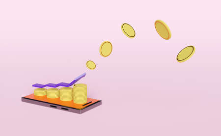 pile coins with orange mobile phone,smartphone,arrow,bar graph isolated on pink pastel background.financial success and growth or saving money concept,3d illustration or 3d renderの写真素材