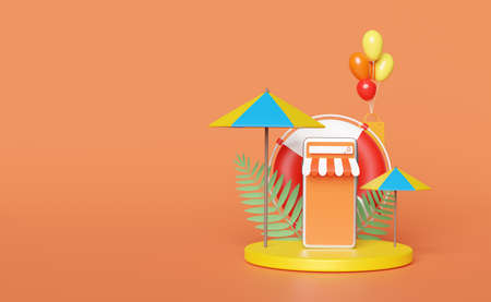 stage podium with mobile phone,smartphone store front,umbrella,balloon,palm,shopping paper bags,lifebuoy isolated on orange background.online shopping summer sale concept,3d illustration,3d renderの写真素材