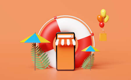 mobile phone,smartphone store front with umbrella,balloon,palm,shopping paper bags,lifebuoy isolated on orange background.online shopping summer sale concept,3d illustration,3d renderの写真素材