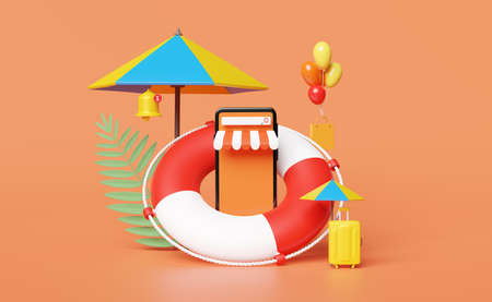 mobile phone,smartphone store front with umbrella,palm,shopping paper bags,lifebuoy,notification...