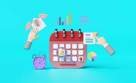 alarm clock wake-up with calendar,charts,graph,businessman hand,analysis business financial...