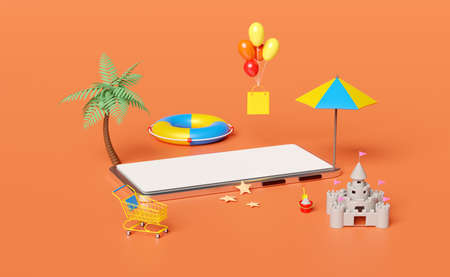 mobile phone,smartphone with umbrella,balloon,starfish,cart,palm,shopping paper bags,lifebuoy, flags,sand castle isolated on orange.online shopping summer sale concept,3d illustration,3d renderの写真素材