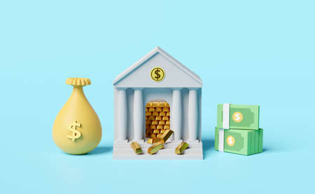 bank or tax office building with gold bar money bag,pile dollar banknote isolated on pink pastel background.bank financing,money exchange concept,3d illustration or 3d renderの写真素材
