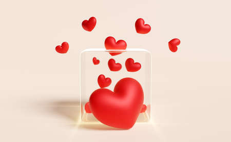 Donation glass box with red heart isolated beige background.donate blood concept,3d illustration or 3d renderの写真素材