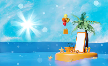 stage podium with mobile phone,smartphone,balloon,palm,shopping paper bags,basket,sandals,starfish,sunglasses isolated on blue sky background,shopping summer sale concept,3d illustration or 3d renderの写真素材