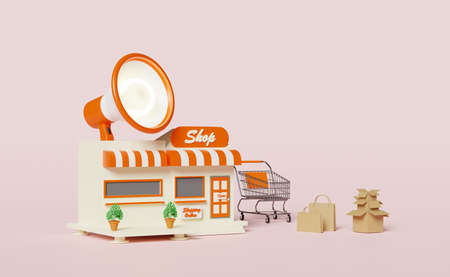 shop store front with megaphone,hand speaker,paper bags,shopping cart,goods cardboard box,leaf...
