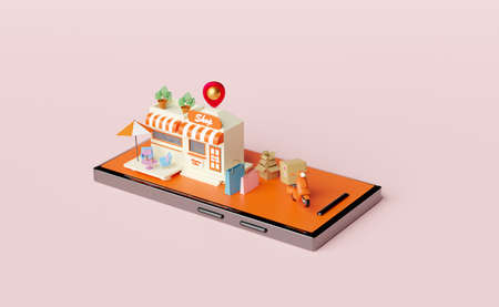 shop store front with mobile phone ,smartphone,shopping paper bags,goods cardboard box,pin,scooter,coffee table isolated on pink background.startup franchise business concept,3d illustration,3d renderの写真素材