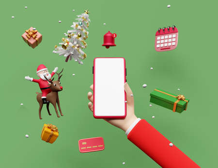 businessman hands holding mobile phone or smartphone with santa claus,christmas tree,reindeer isolated on green background.online shopping,website,banner,festive new year,3d illustration or 3d renderの写真素材