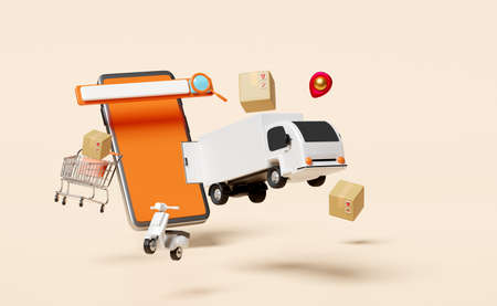 mobile phone,smartphone with search bar,magnifying,shopping cart,scooter,truck,pin isolated on beige background.Online delivery,online order tracking concept,3d illustration or 3d renderの写真素材